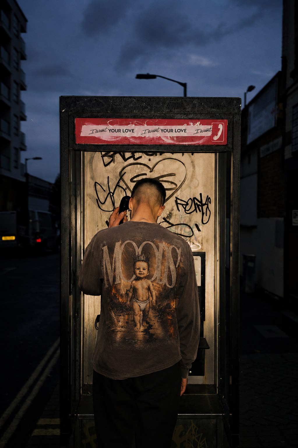 Referencia visual del brandbook: camiseta gráfica en un entorno urbano